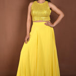 Light Yellow Lehenga Set with Sequins Sleeveless Top - Anvi Couture