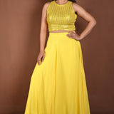 Light Yellow Lehenga Set with Sequins Sleeveless Top - Anvi Couture