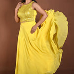 Light Yellow Lehenga Set with Sequins Sleeveless Top - Anvi Couture