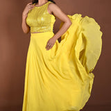 Light Yellow Lehenga Set with Sequins Sleeveless Top - Anvi Couture