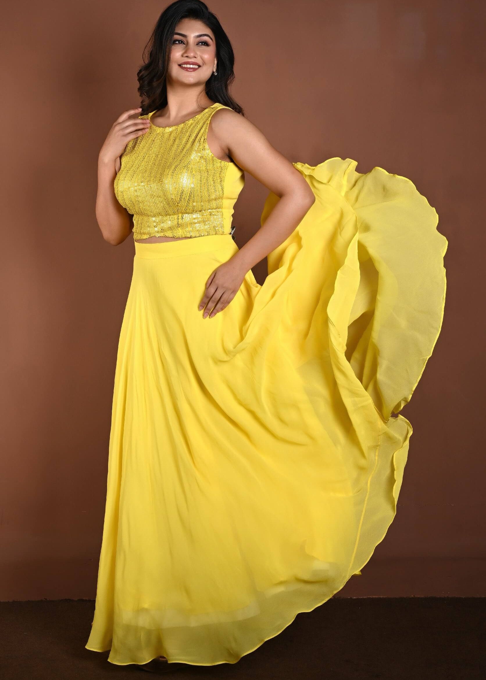Light Yellow Lehenga Set with Sequins Sleeveless Top - Anvi Couture