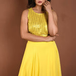 Light Yellow Lehenga Set with Sequins Sleeveless Top - Anvi Couture