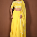 Yellow Georgette Lehenga Set with Embroidered Top with White Lace Dupatta - Anvi Couture