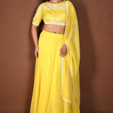 Yellow Georgette Lehenga Set with Embroidered Top with White Lace Dupatta - Anvi Couture