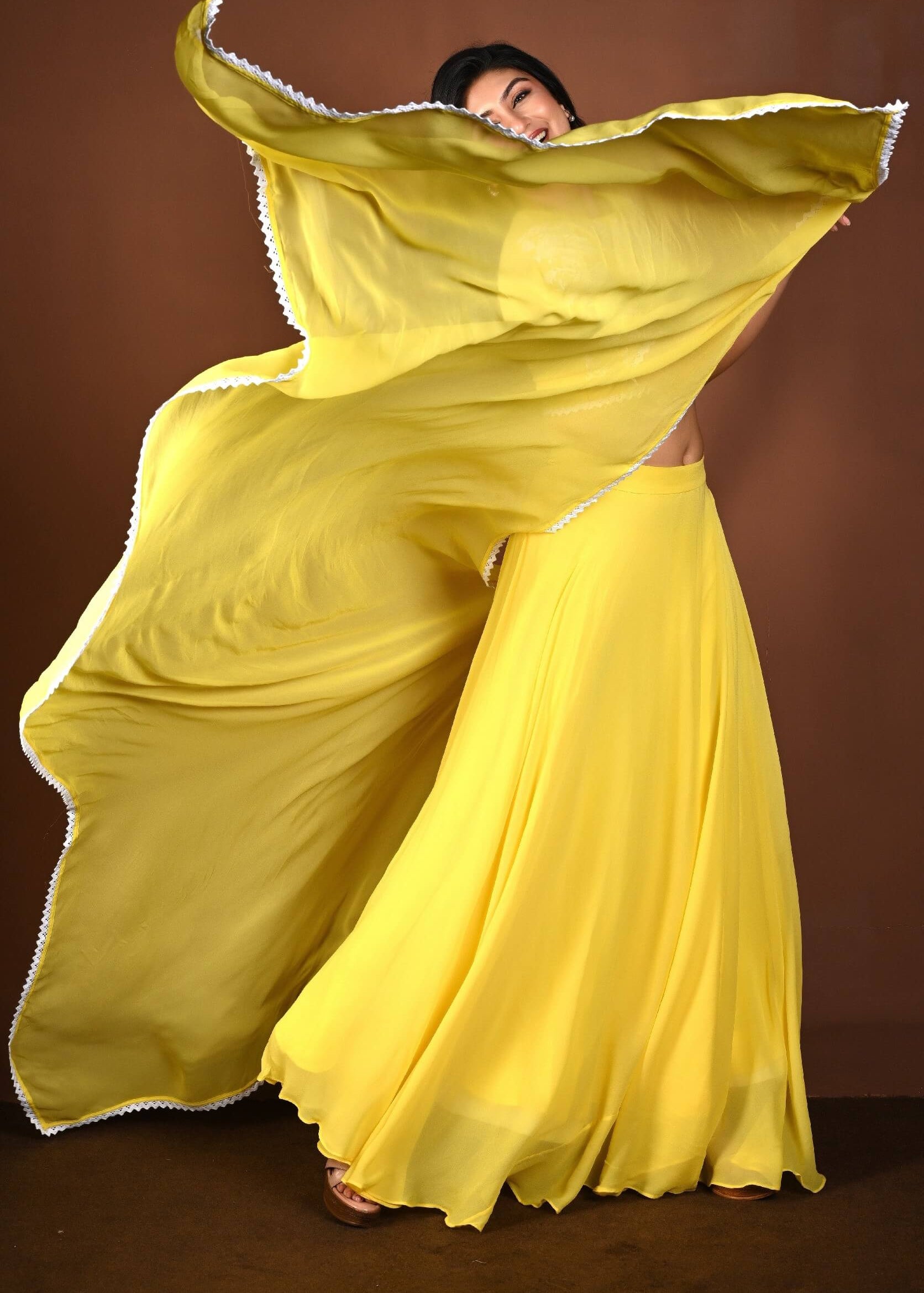 Yellow Georgette Lehenga Set with Embroidered Top with White Lace Dupatta - Anvi Couture