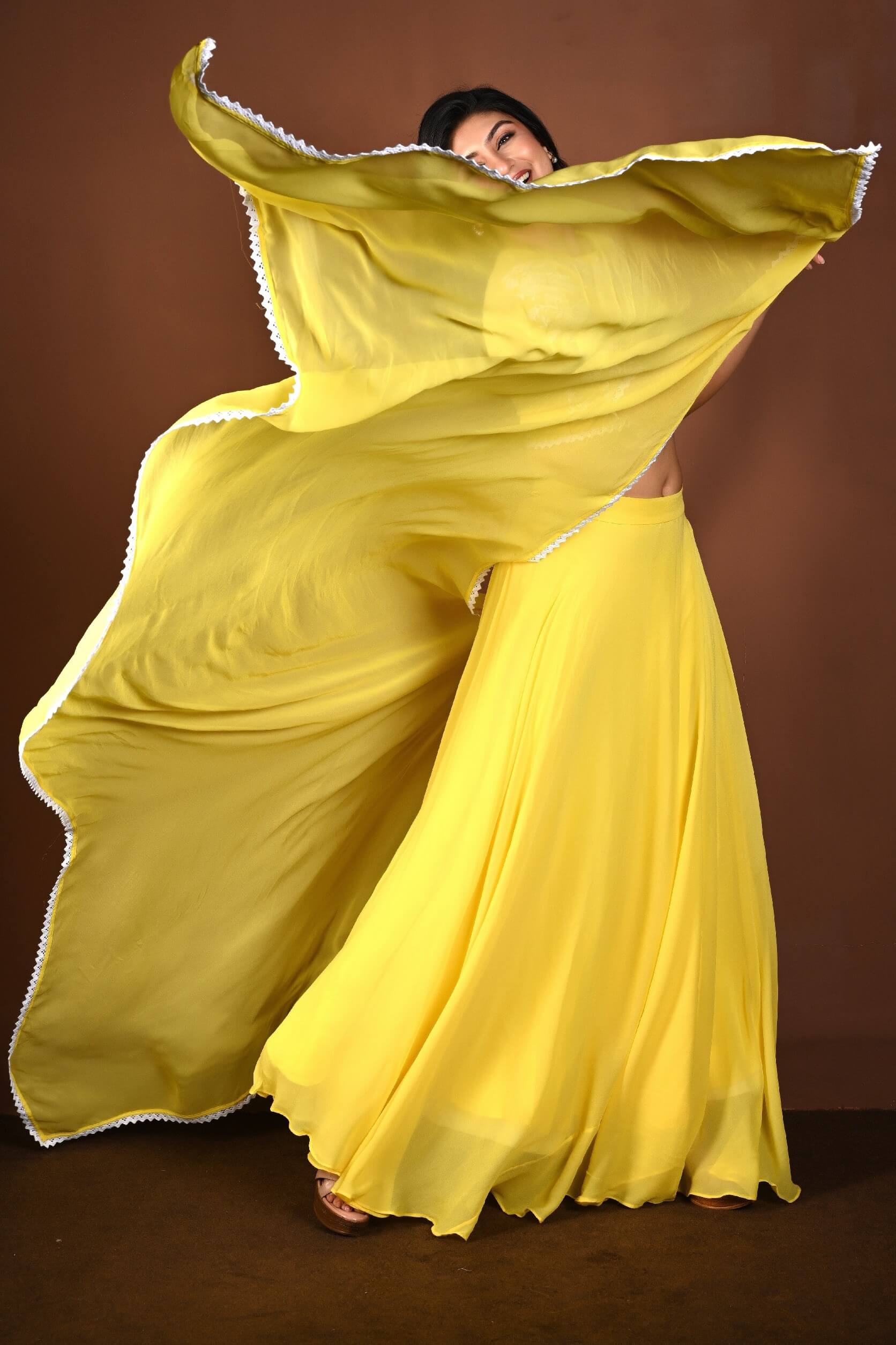 Yellow Georgette Lehenga Set with Embroidered Top with White Lace Dupatta - Anvi Couture