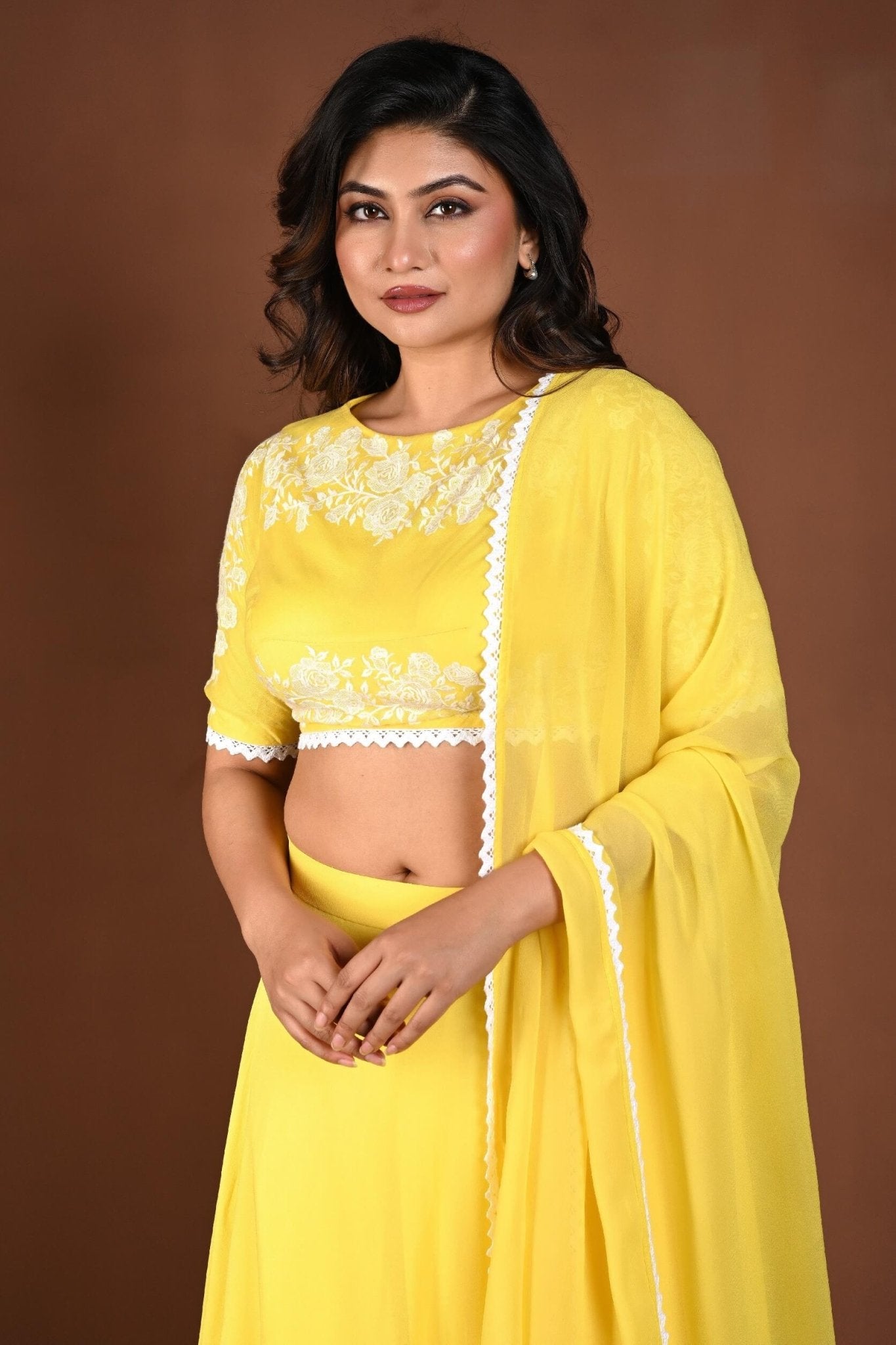 Yellow Georgette Lehenga Set with Embroidered Top with White Lace Dupatta - Anvi Couture