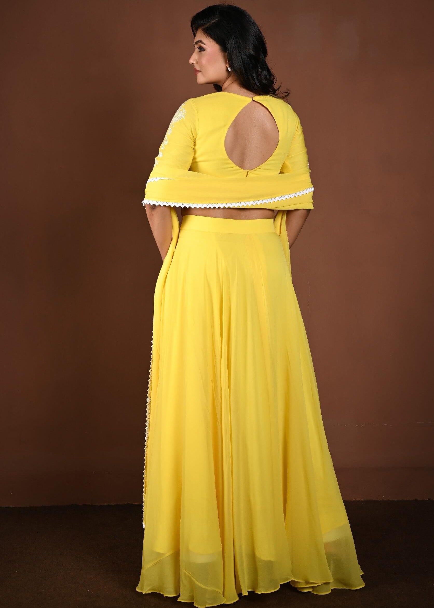Yellow Georgette Lehenga Set with Embroidered Top with White Lace Dupatta - Anvi Couture
