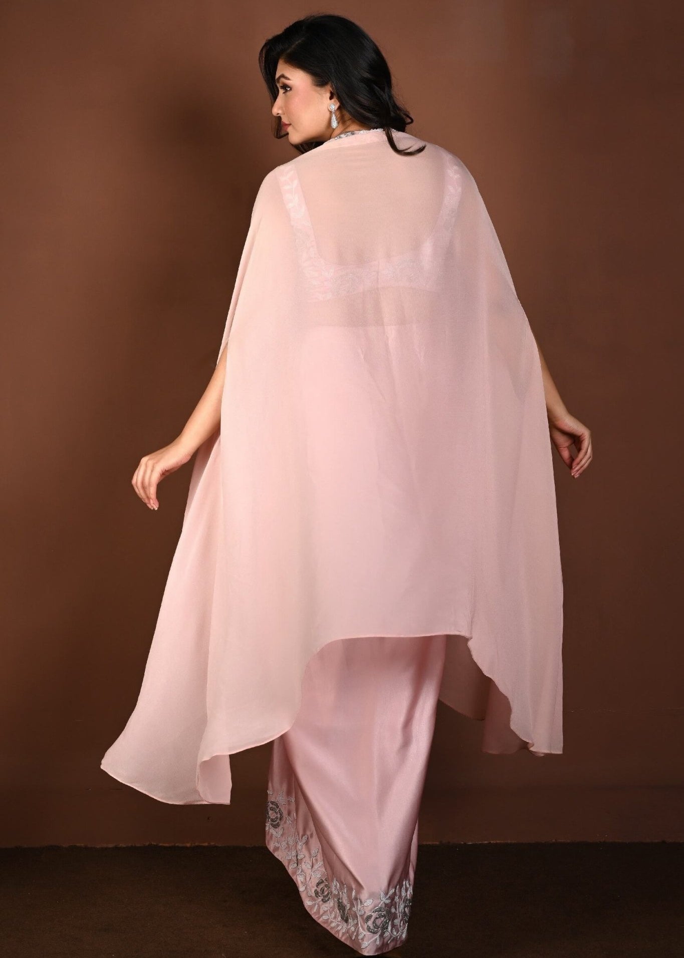 Light Pink Draped Skirt Set with Hand Embroidered Top and Cape Set - Anvi Couture