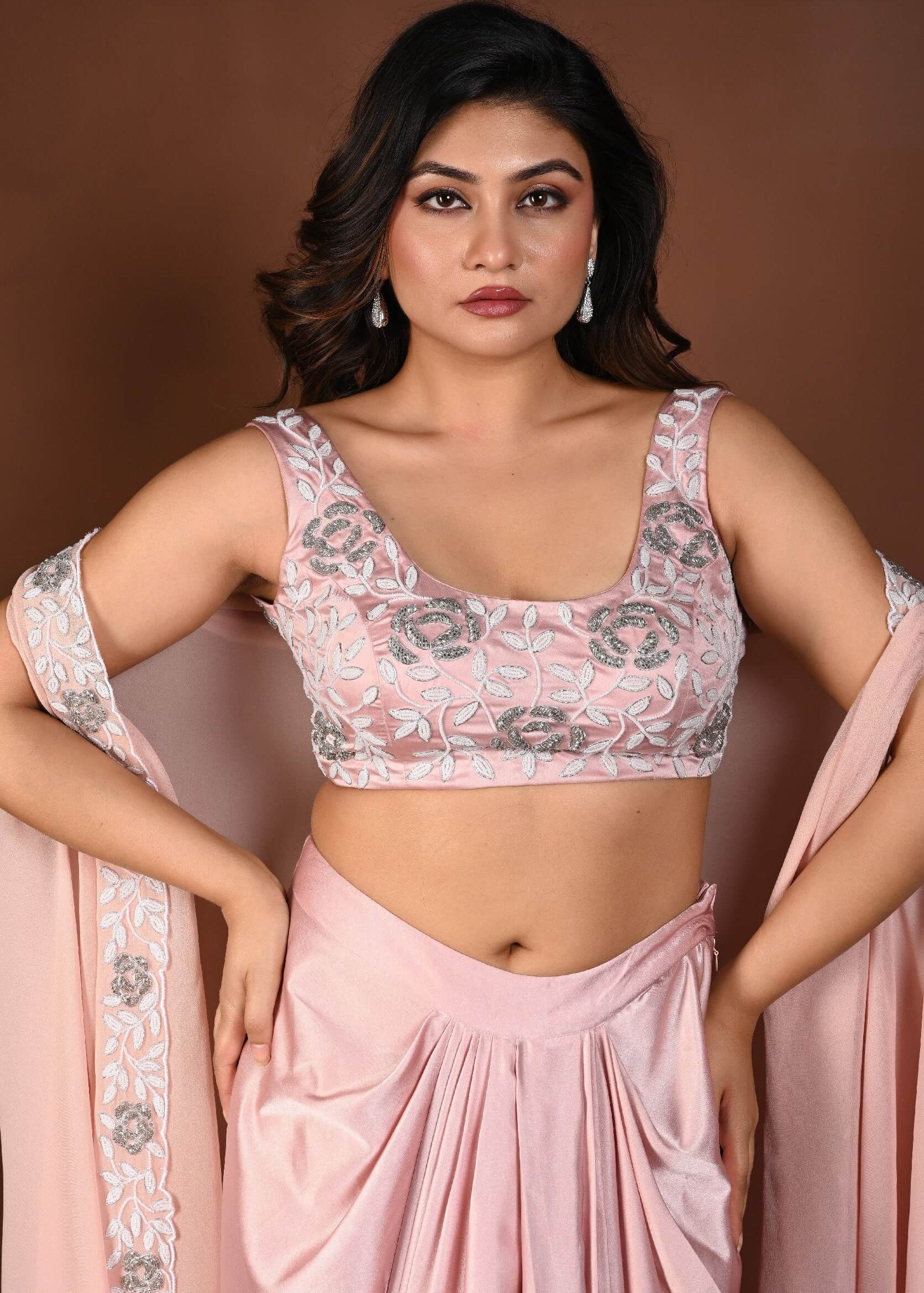 Light Pink Draped Skirt Set with Hand Embroidered Top and Cape Set - Anvi Couture