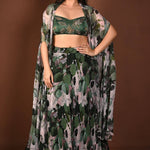 Green Printed Cape Lehenga Set with Hand Embroidered Work - Anvi Couture