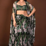Green Printed Cape Lehenga Set with Hand Embroidered Work - Anvi Couture