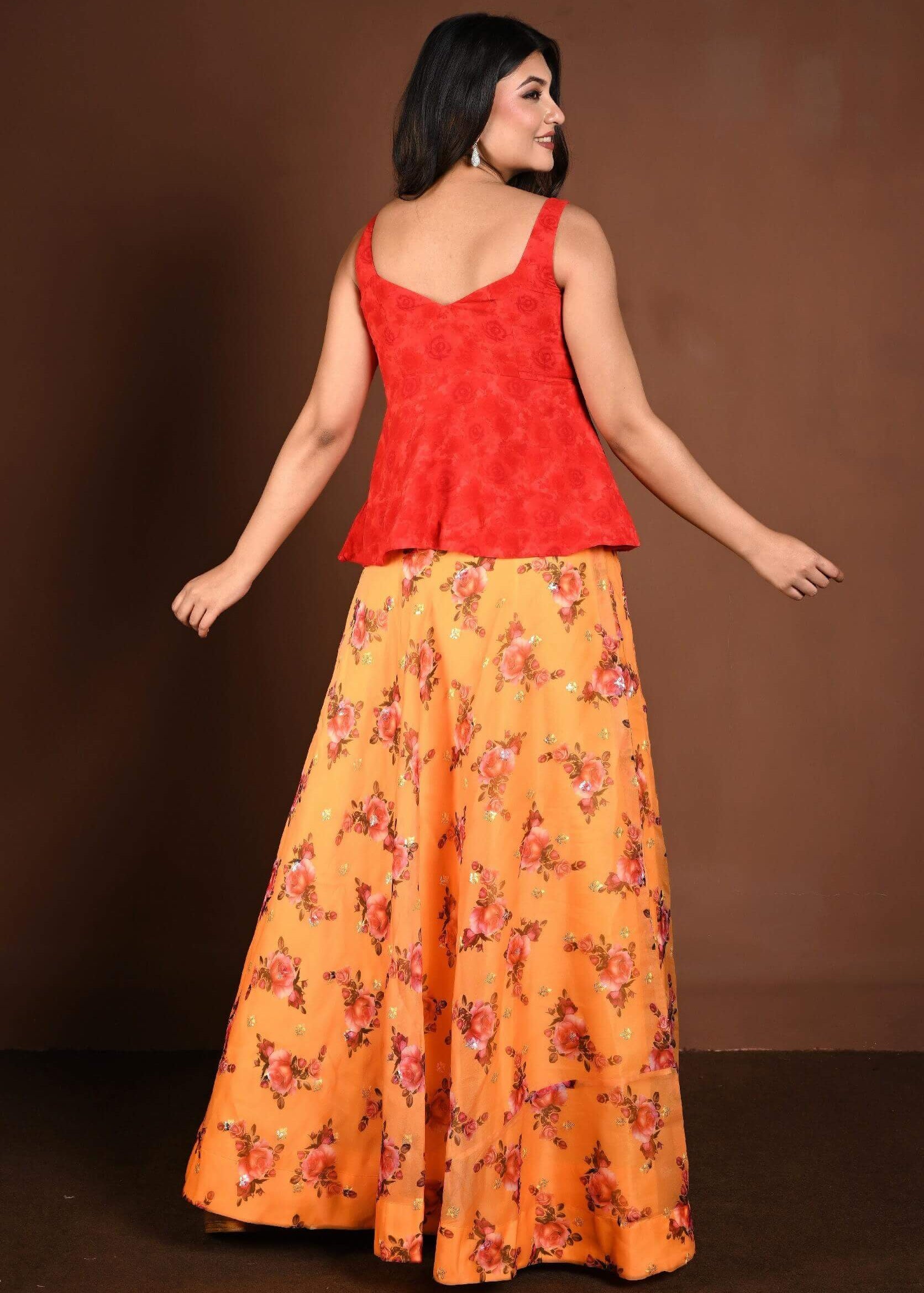 Yellow Floral Lehenga with Contrasting Red Peplum Choli - Anvi Couture