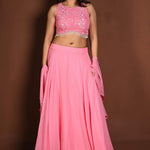 Strawberry Pink Embroidered Lehenga Set in Georgette with Ruffle Dupatta - Anvi Couture