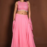 Strawberry Pink Embroidered Lehenga Set in Georgette with Ruffle Dupatta - Anvi Couture