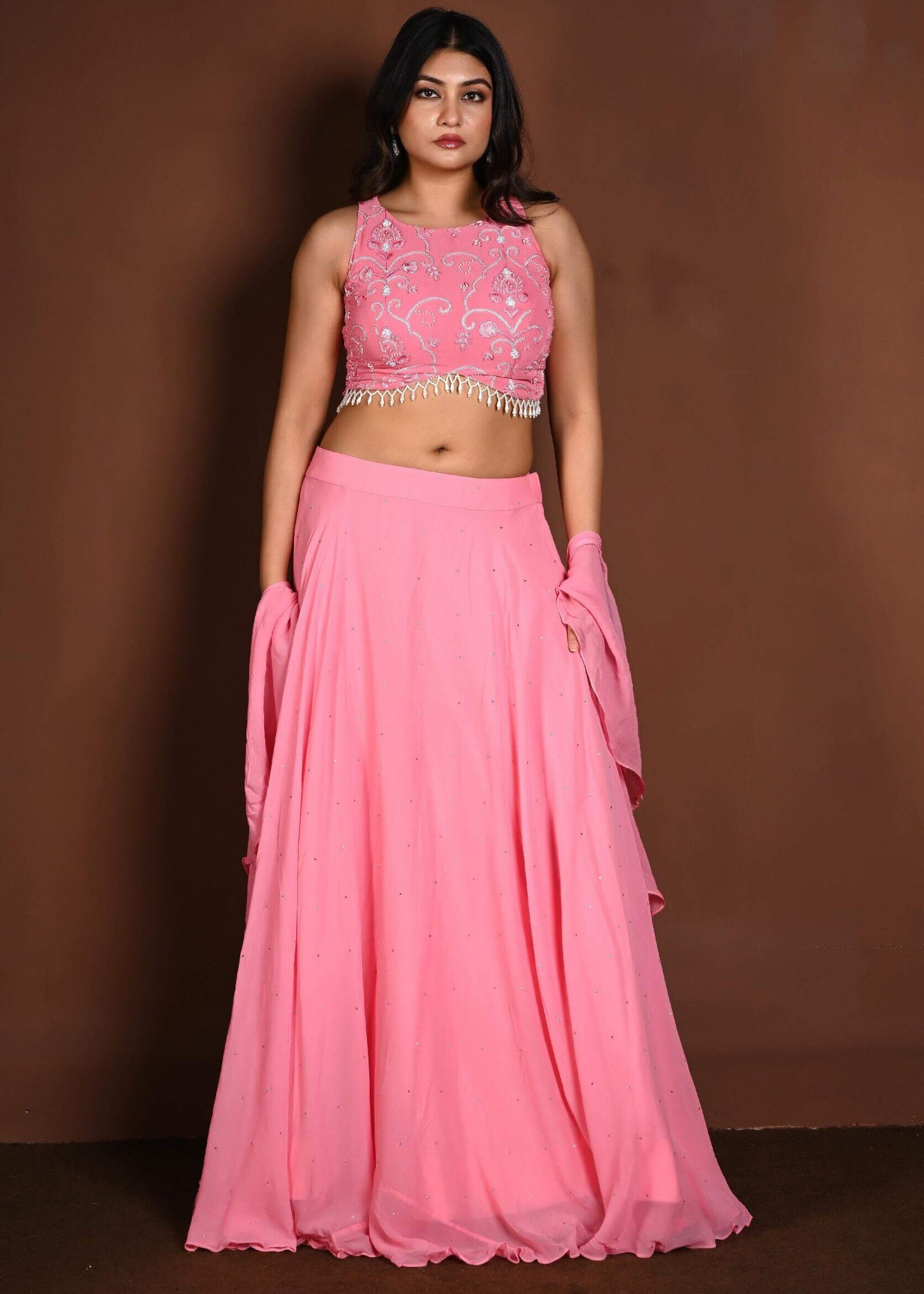 Strawberry Pink Embroidered Lehenga Set in Georgette with Ruffle Dupatta - Anvi Couture