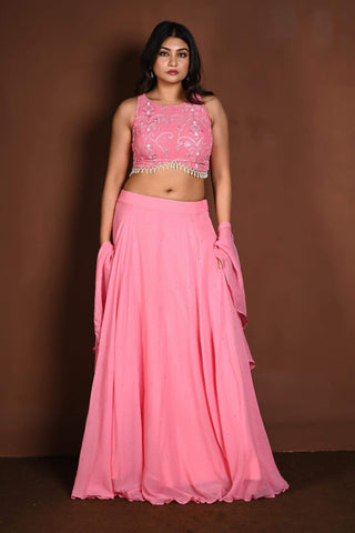 Strawberry Pink Embroidered Lehenga Set in Georgette with Ruffle Dupatta