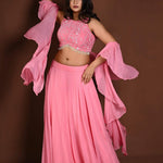 Strawberry Pink Embroidered Lehenga Set in Georgette with Ruffle Dupatta - Anvi Couture