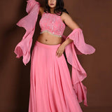 Strawberry Pink Embroidered Lehenga Set in Georgette with Ruffle Dupatta - Anvi Couture