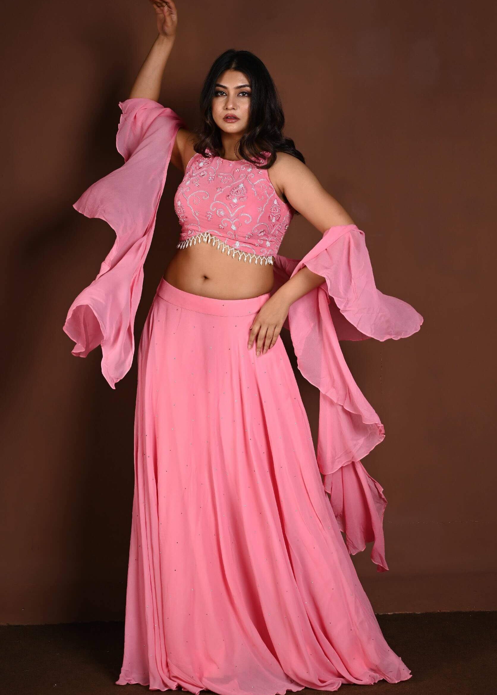 Strawberry Pink Embroidered Lehenga Set in Georgette with Ruffle Dupatta - Anvi Couture