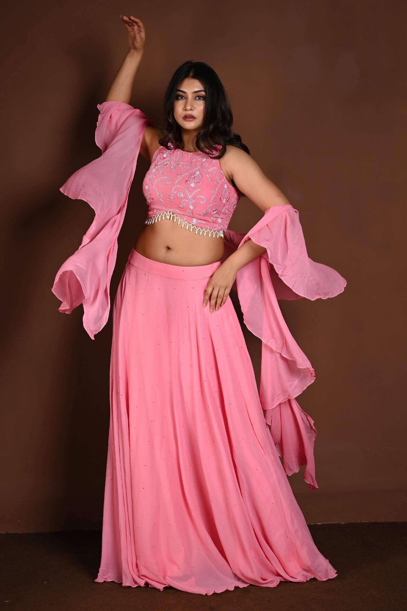 Strawberry Pink Embroidered Lehenga Set in Georgette with Ruffle Dupatta - Anvi Couture