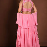 Strawberry Pink Embroidered Lehenga Set in Georgette with Ruffle Dupatta - Anvi Couture