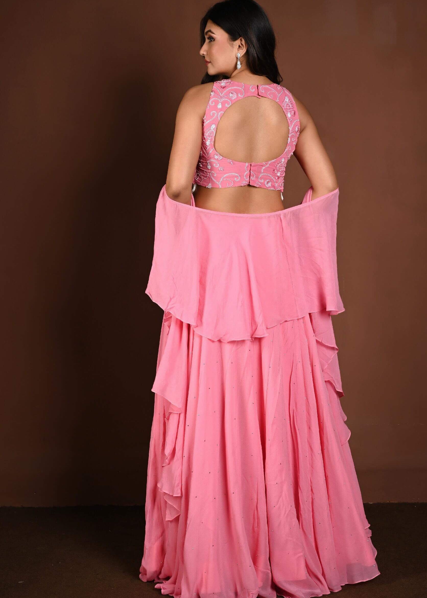 Strawberry Pink Embroidered Lehenga Set in Georgette with Ruffle Dupatta - Anvi Couture