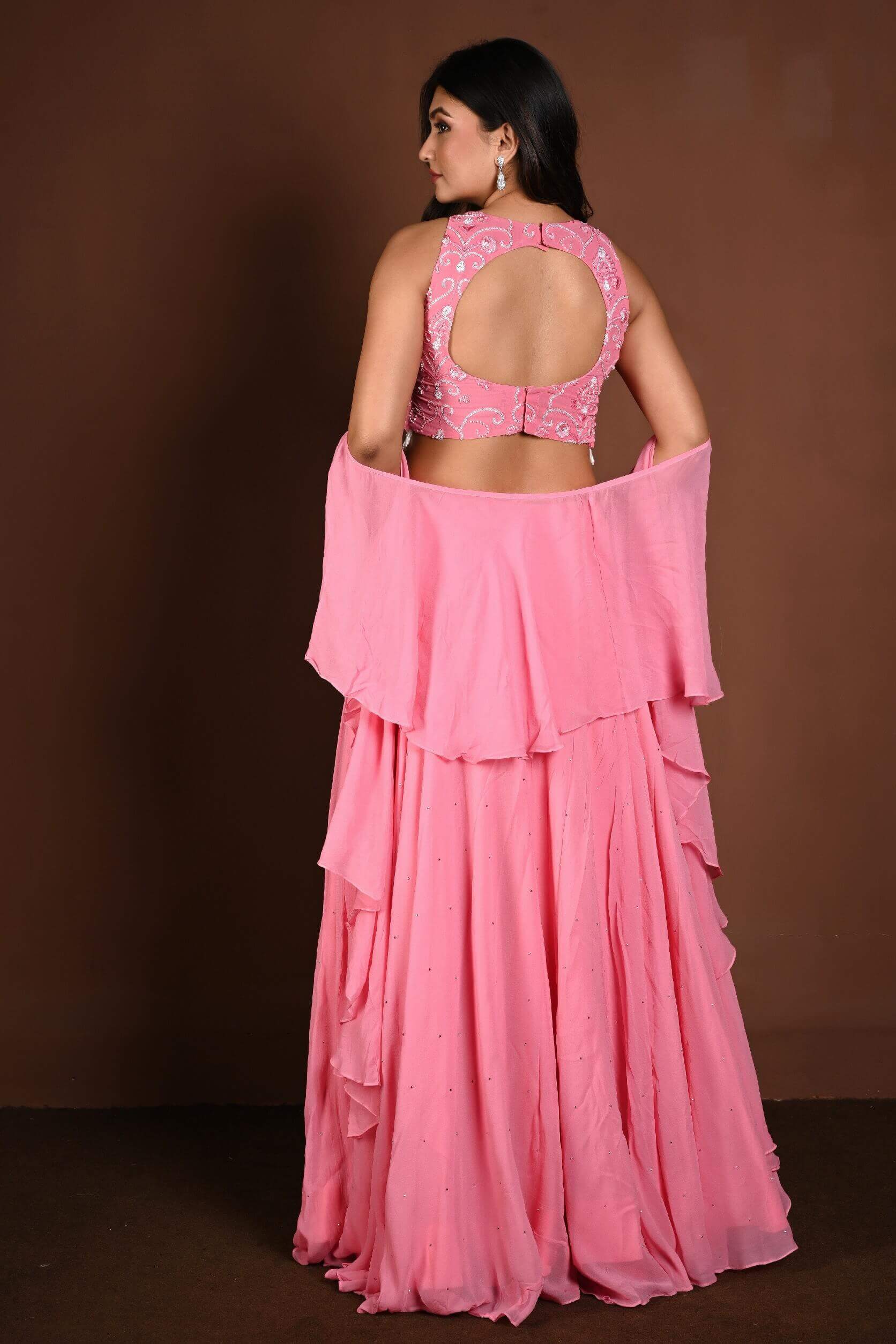 Strawberry Pink Embroidered Lehenga Set in Georgette with Ruffle Dupatta - Anvi Couture