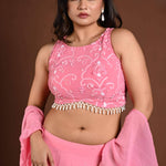 Strawberry Pink Embroidered Lehenga Set in Georgette with Ruffle Dupatta - Anvi Couture