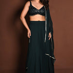 Dark Green Embroidered Lehenga Set in Georgette with Matching Dupatta - Anvi Couture