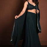 Dark Green Embroidered Lehenga Set in Georgette with Matching Dupatta - Anvi Couture