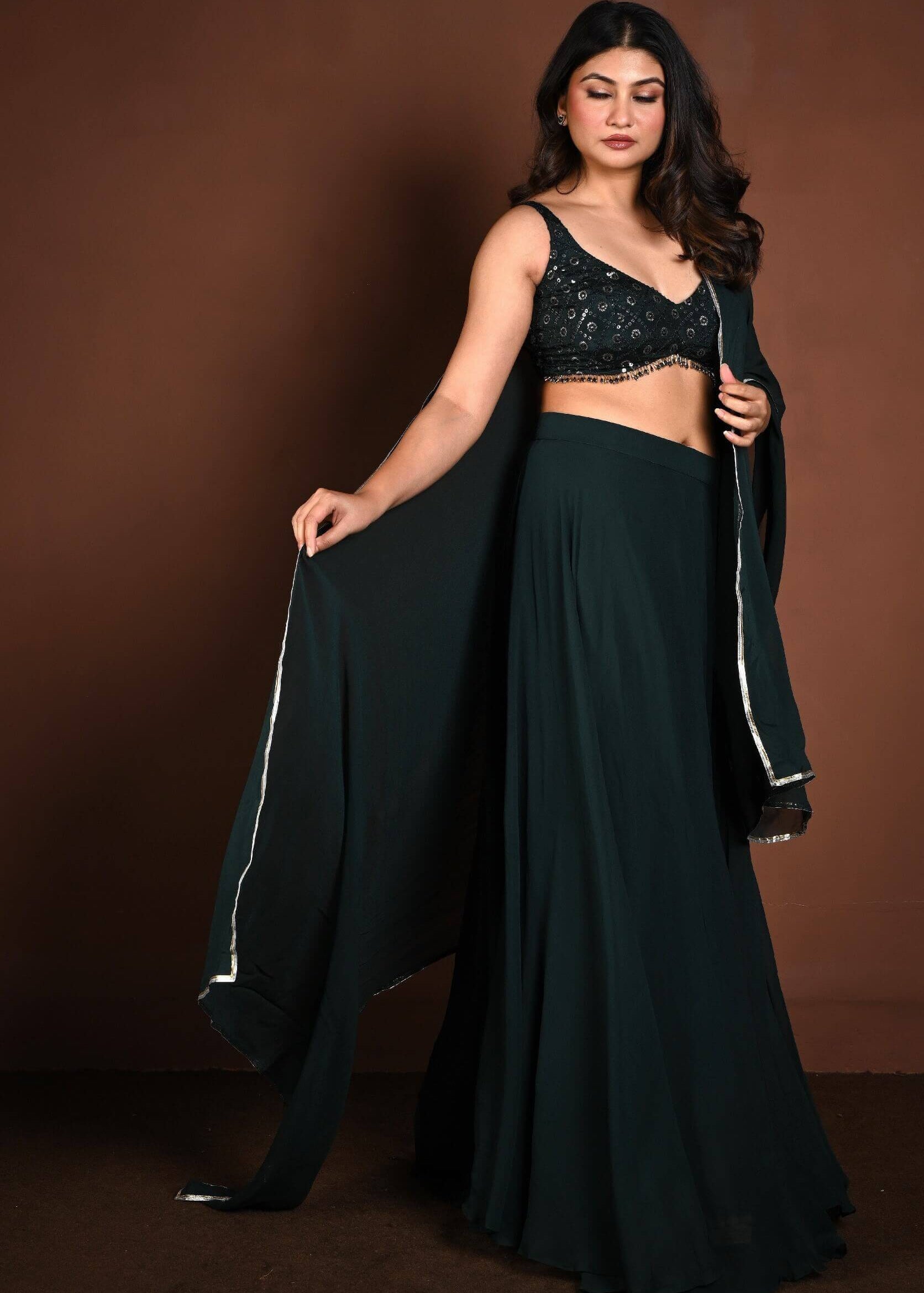 Dark Green Embroidered Lehenga Set in Georgette with Matching Dupatta - Anvi Couture