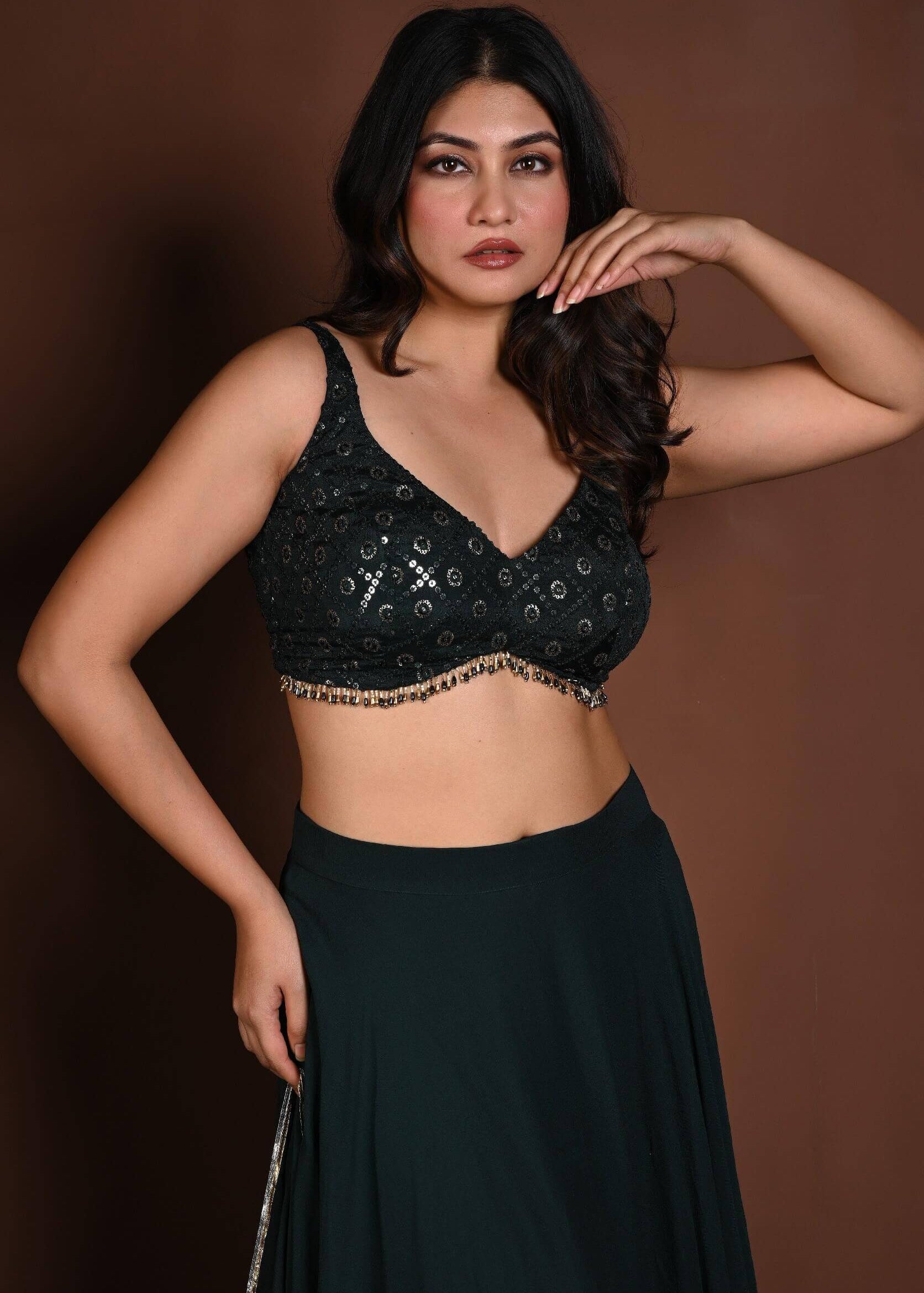 Dark Green Embroidered Lehenga Set in Georgette with Matching Dupatta - Anvi Couture