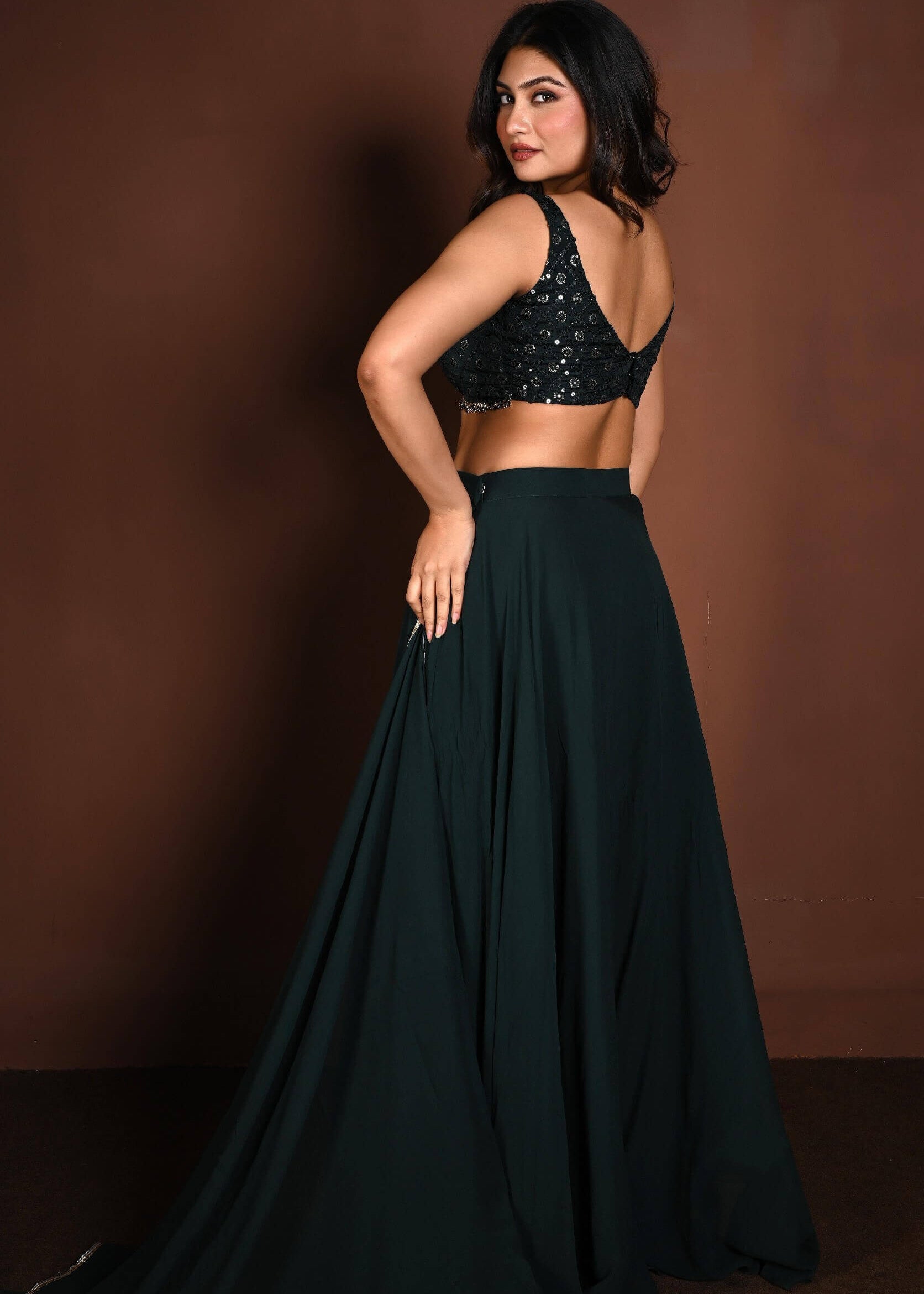 Dark Green Embroidered Lehenga Set in Georgette with Matching Dupatta - Anvi Couture