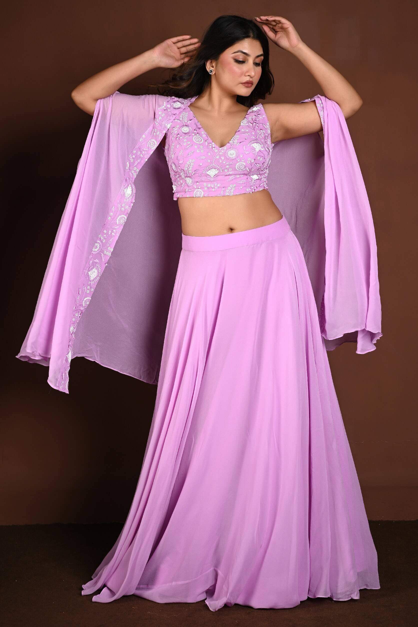 Lavender Cape Lehenga Set with Embroidered Work - Anvi Couture