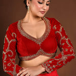 Red Velvet Bridal Hand Embroidered Full Sleeve Blouse - Anvi Couture