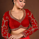 Red Velvet Bridal Hand Embroidered Full Sleeve Blouse - Anvi Couture