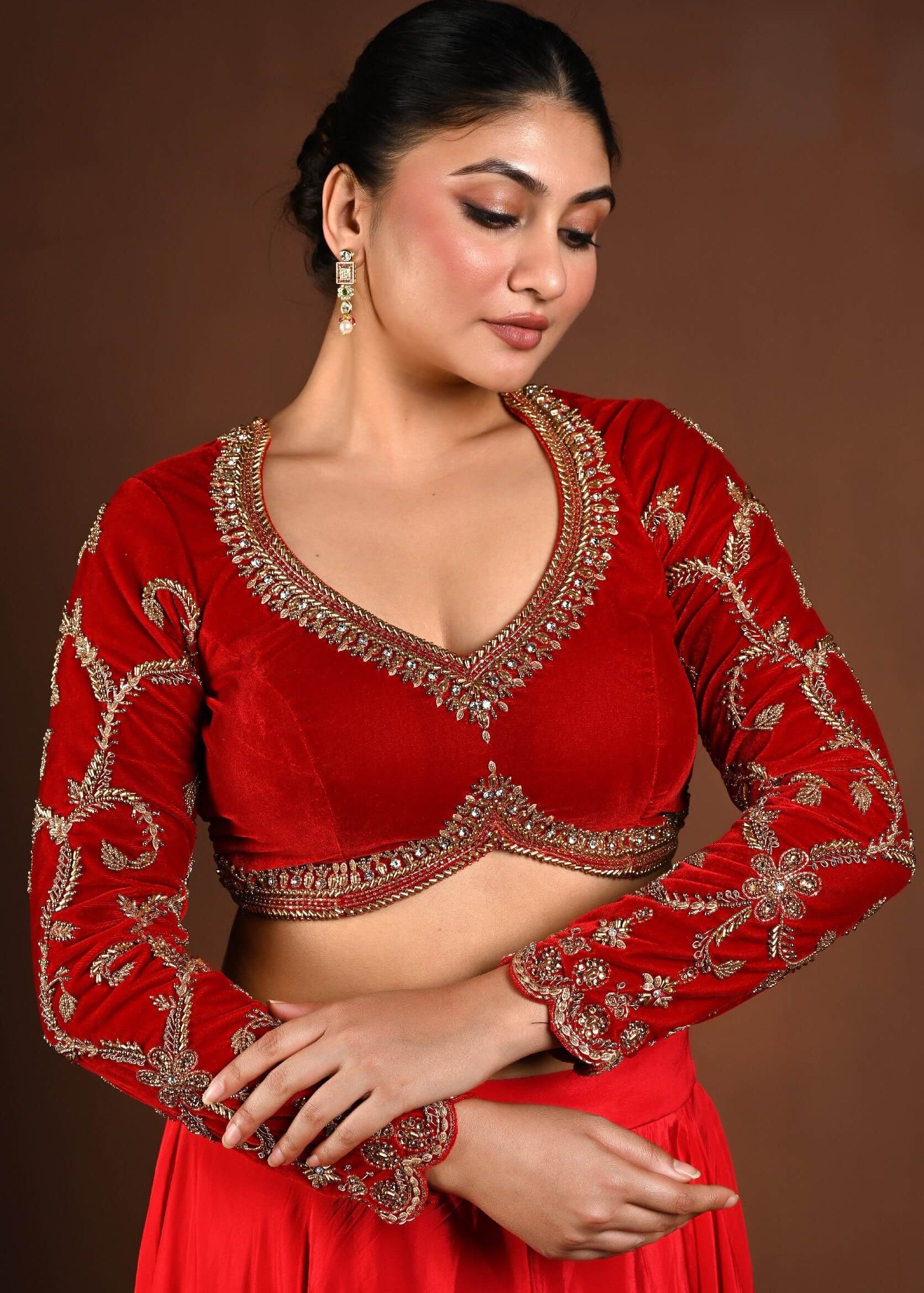 Red Velvet Bridal Hand Embroidered Full Sleeve Blouse - Anvi Couture
