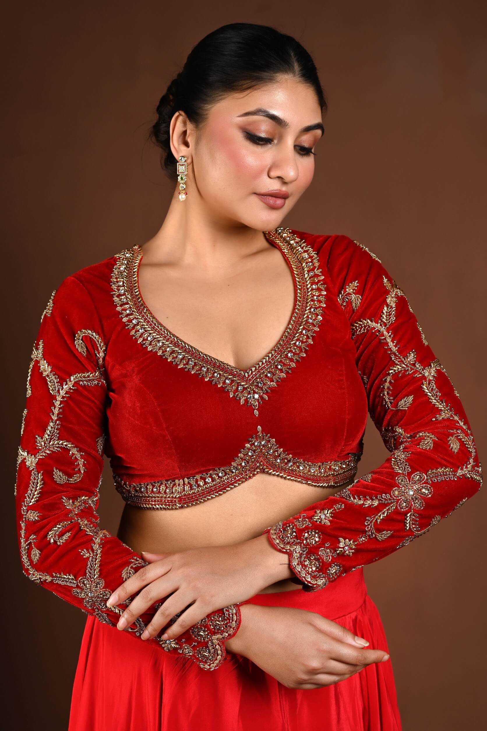 Red Velvet Bridal Hand Embroidered Full Sleeve Blouse - Anvi Couture