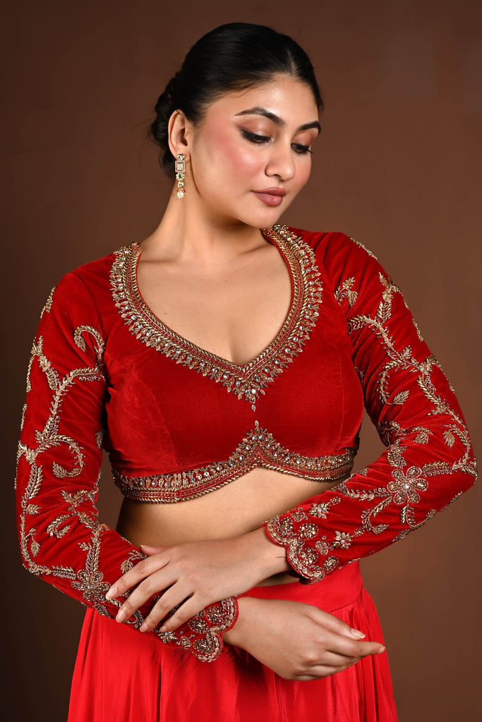 Red Velvet Bridal Hand Embroidered Full Sleeve Blouse