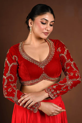 Red Velvet Bridal Hand Embroidered Full Sleeve Blouse