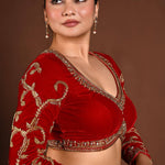 Red Velvet Bridal Hand Embroidered Full Sleeve Blouse - Anvi Couture