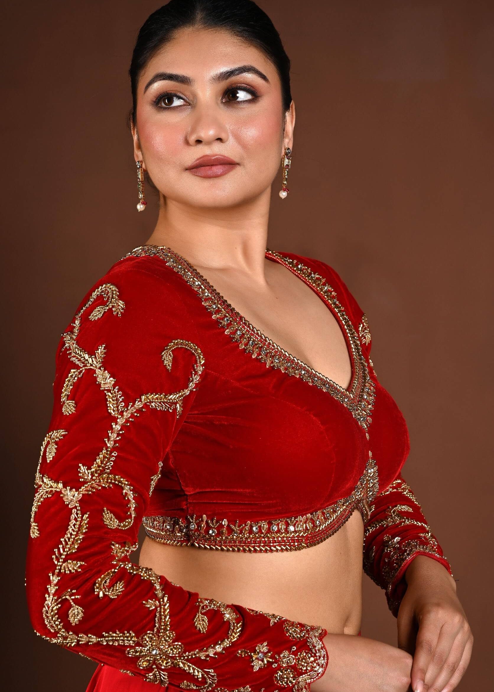 Red Velvet Bridal Hand Embroidered Full Sleeve Blouse - Anvi Couture