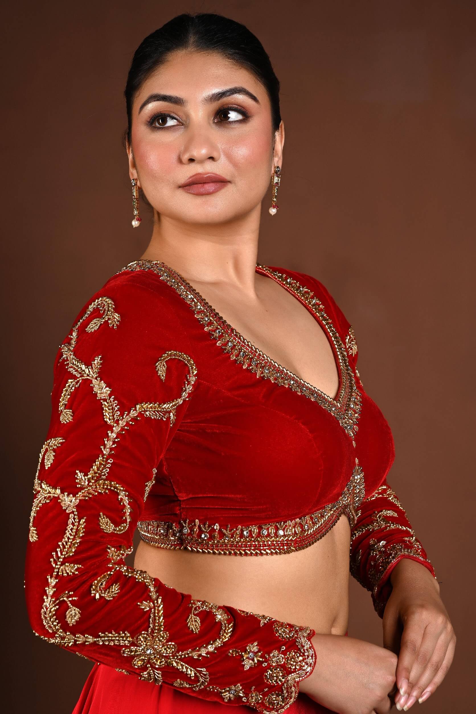 Red Velvet Bridal Hand Embroidered Full Sleeve Blouse - Anvi Couture
