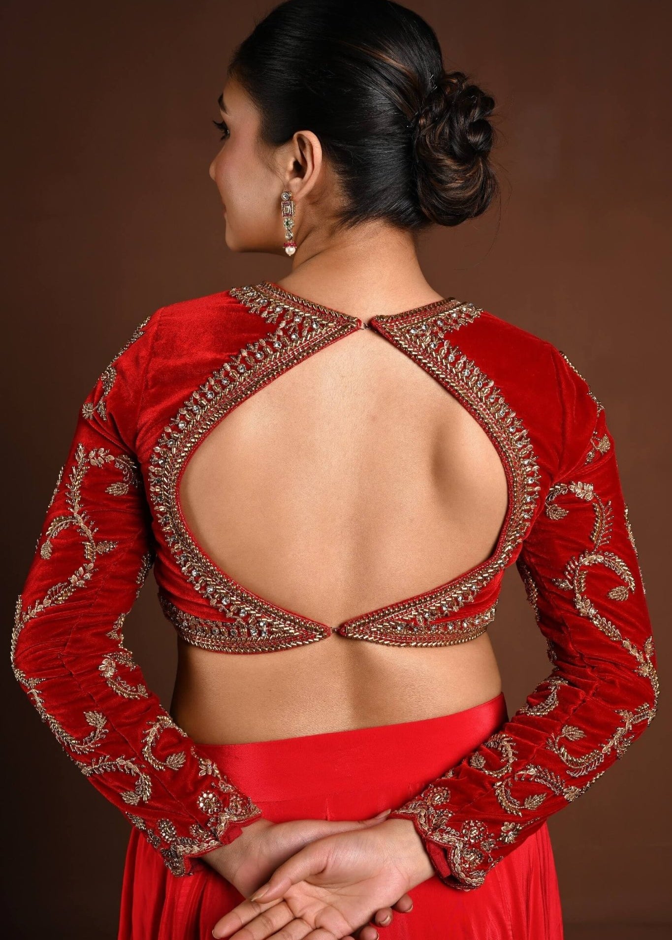 Red Velvet Bridal Hand Embroidered Full Sleeve Blouse - Anvi Couture