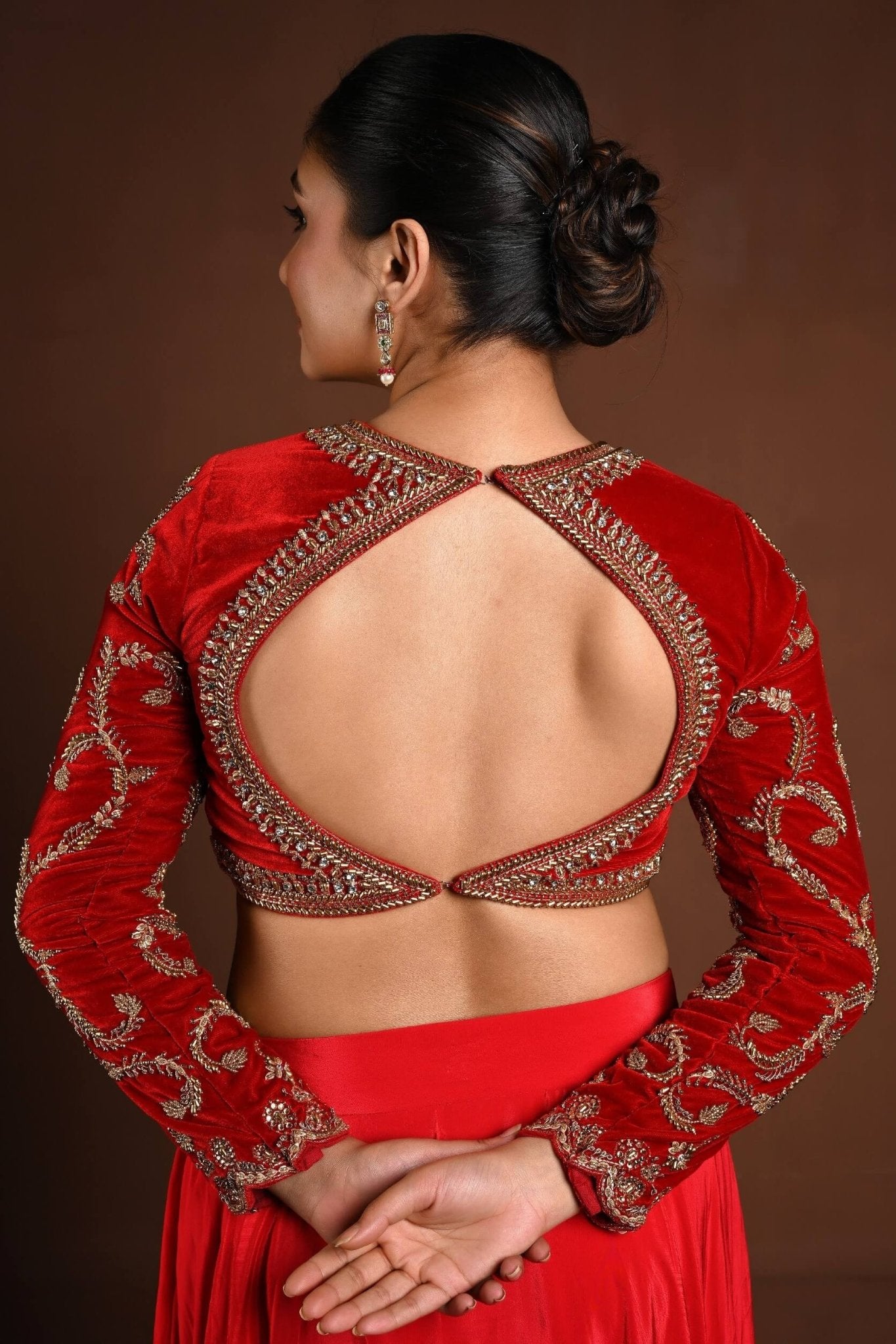 Red Velvet Bridal Hand Embroidered Full Sleeve Blouse - Anvi Couture