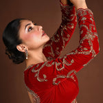 Red Velvet Bridal Hand Embroidered Full Sleeve Blouse - Anvi Couture