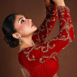 Red Velvet Bridal Hand Embroidered Full Sleeve Blouse - Anvi Couture
