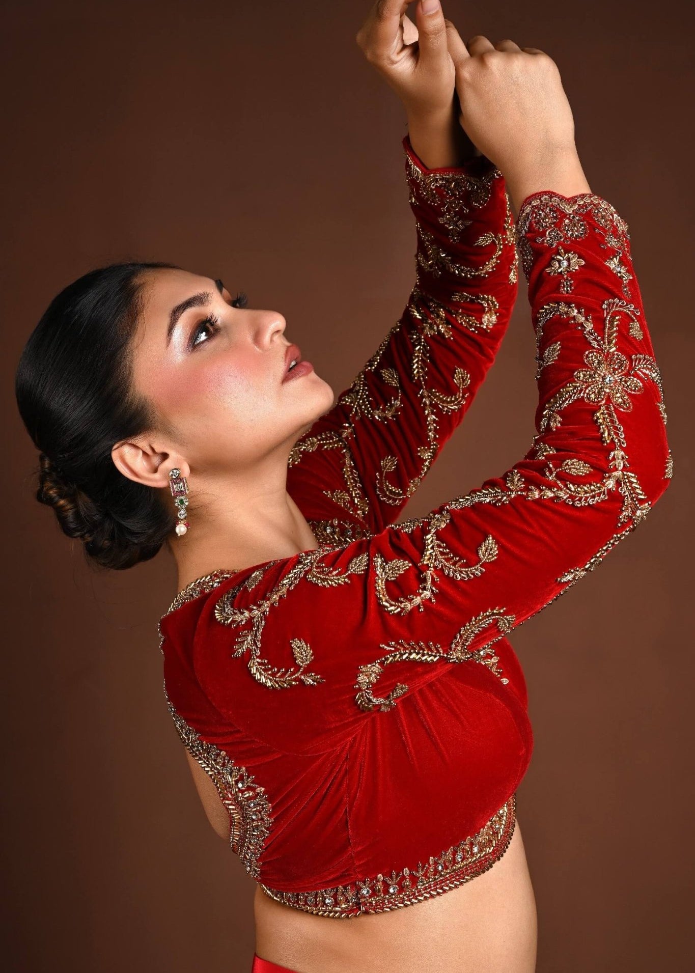 Red Velvet Bridal Hand Embroidered Full Sleeve Blouse - Anvi Couture