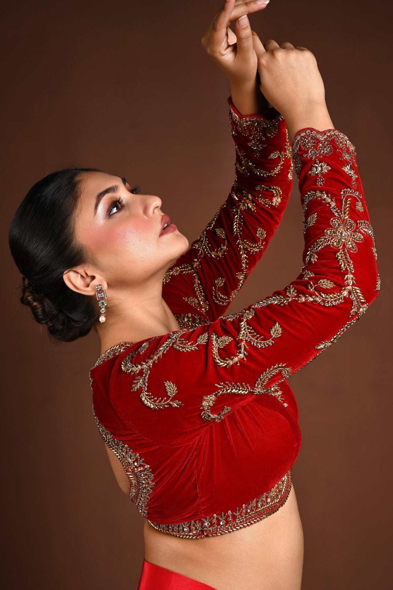 Red Velvet Bridal Hand Embroidered Full Sleeve Blouse - Anvi Couture